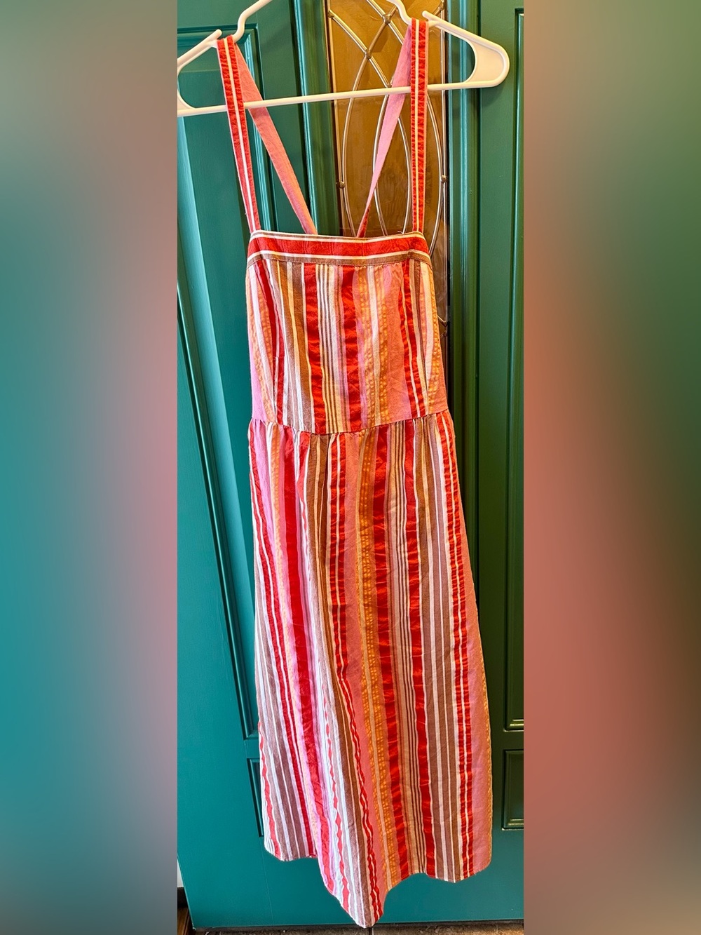Loft Striped Cross Back Midi Dress Sz 4P Pink Coral Red Summer